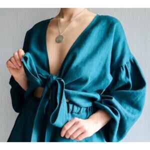 NWT ZUZU Linen Wrap Tie Top Women’s Teal Handmade Boho Puff Sleeve Small